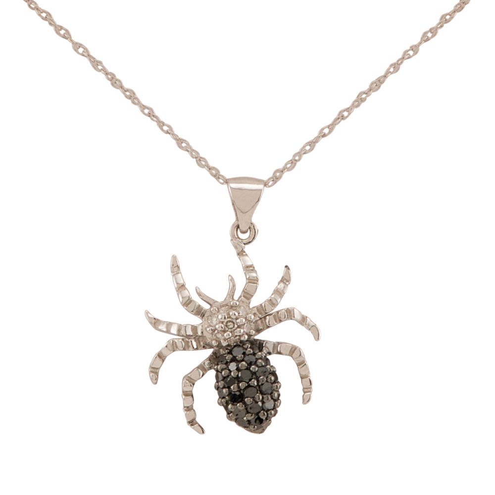1/5 cttw Black and White Diamond Spider Pendant. 10K White Gold
