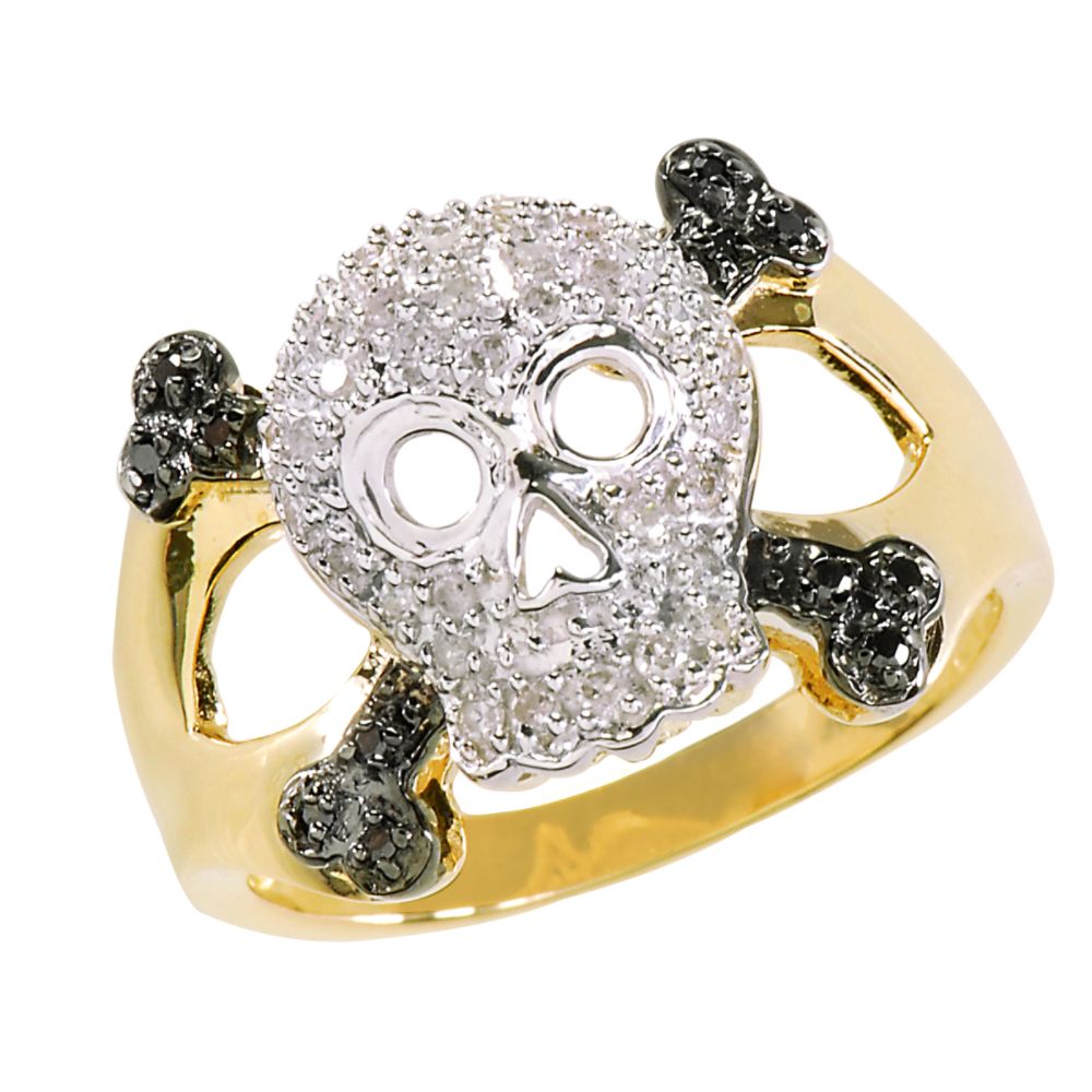 1/4 cttw Black and White Diamond Skull and Crossbones Ring. 10K