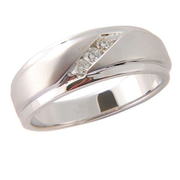 Choose this handsome distinctive ring to reflect your sense of style. Three round diamond accents glow diagonally from a polished and textured 10k white gold band.