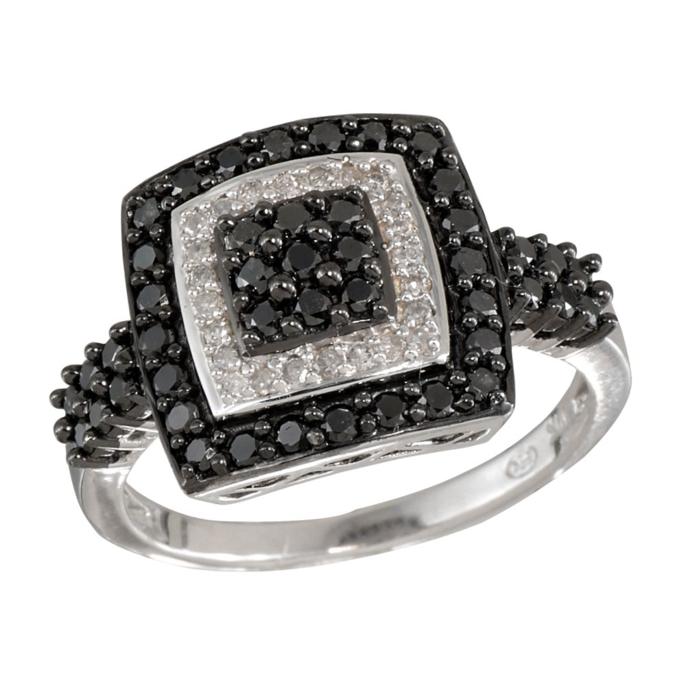 3/4 cttw Black and White Diamond Square Ring. 10K White Gold