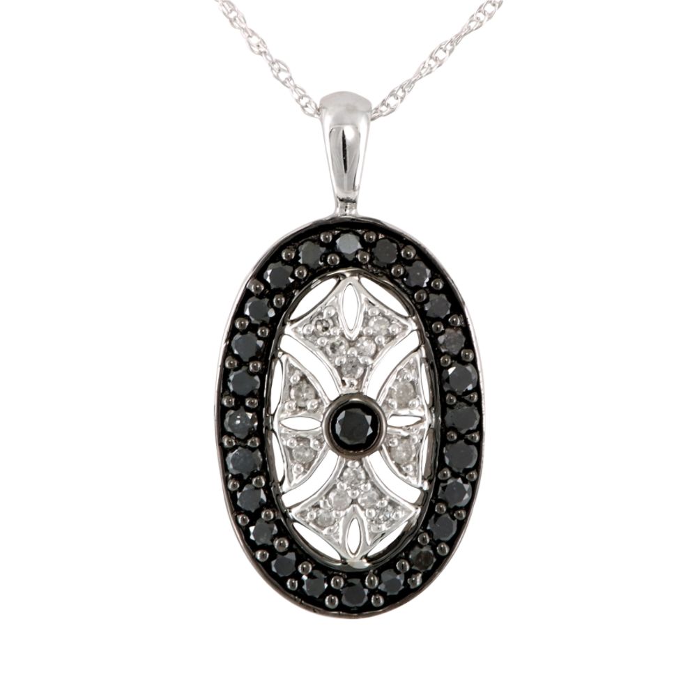 1/2 cttw Black and White Diamond Oval Drop Pendant. 10K White Gold