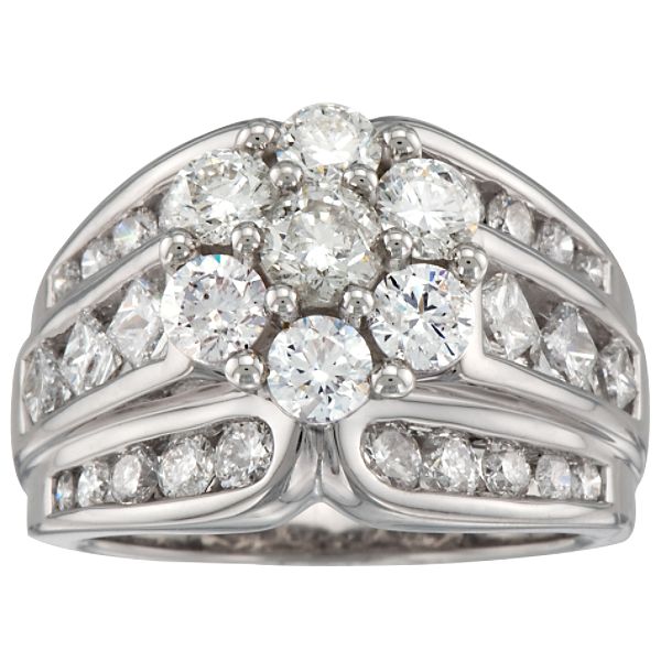 Wear this stunning 33 diamond (3 cttw) fashion ring every day. A radiant diamond cluster centers a triple tier 14k white gold diamond studded band. Diamond weights may not be exact, but are never more than.05 carats below the stated weight.