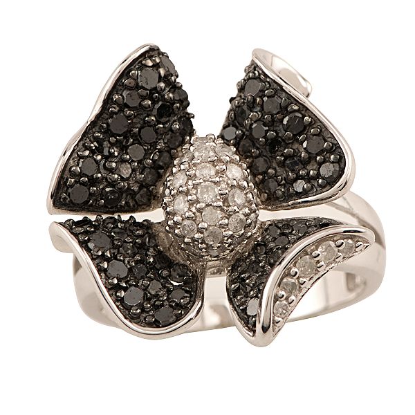 1 Ct. T.w. Black And White Diamond Flower Ring. Sterling Silver
