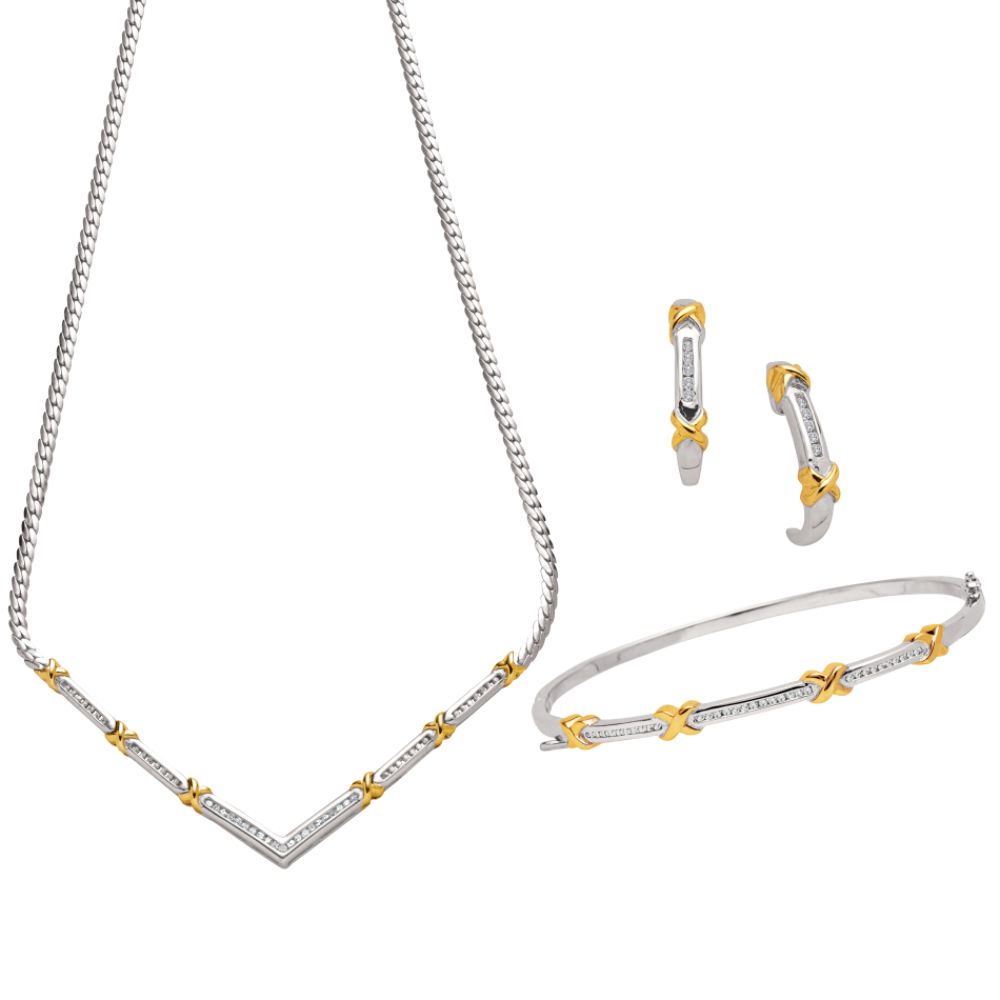 1/4 cttw Diamond Bangle, Earring and Pendant Set. 18K Gold and Sterling
