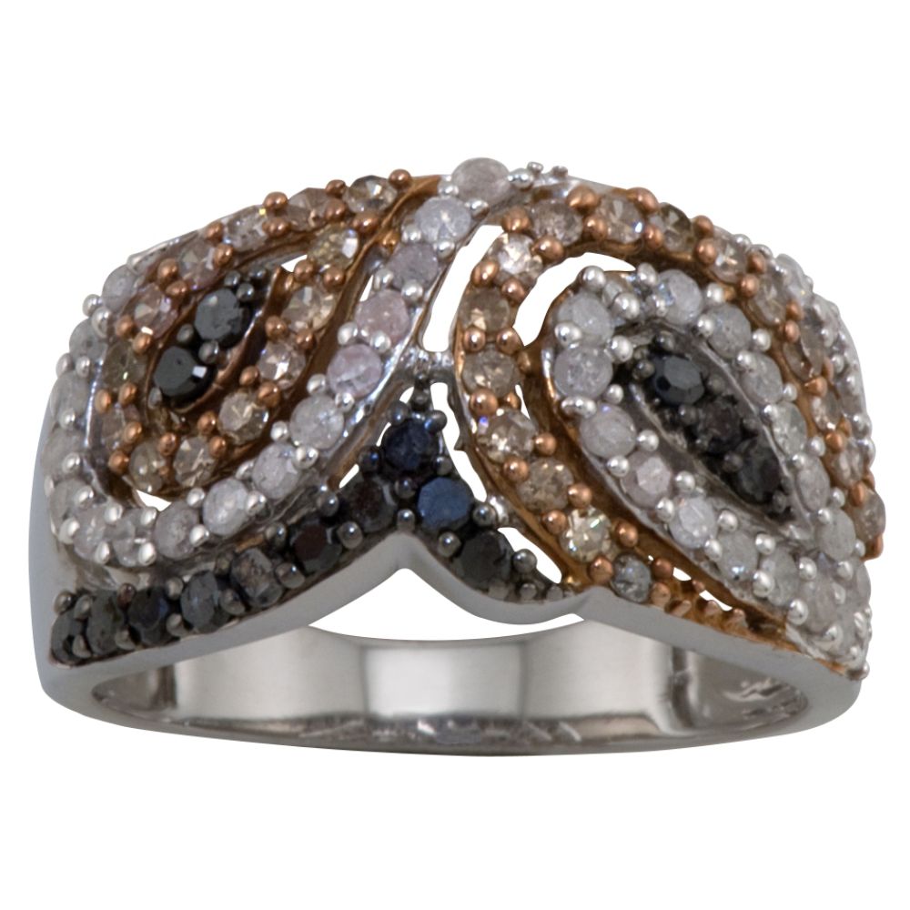 1 cttw Black, Champagne & White Diamond Band Ring in Sterling Silver