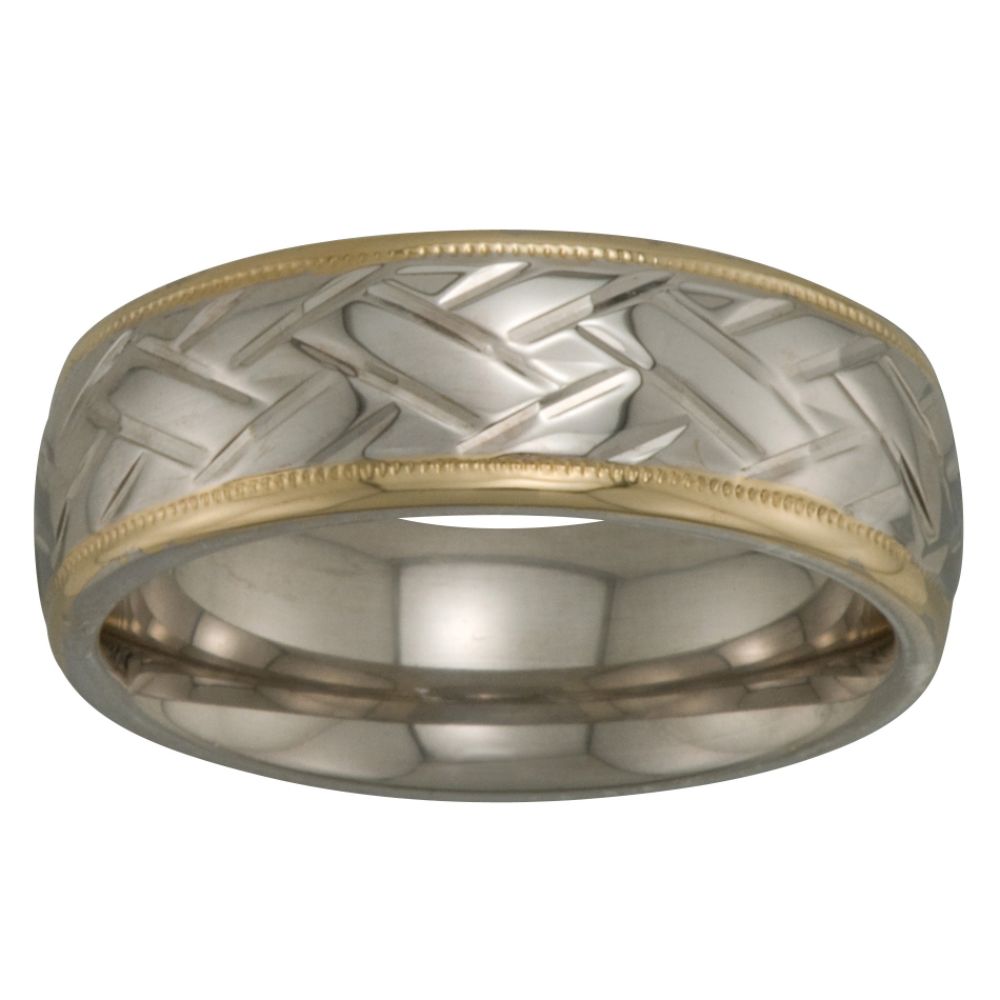 Men's Polished Basket Weave Wedding Band in 14K Gold and Sterling Silver