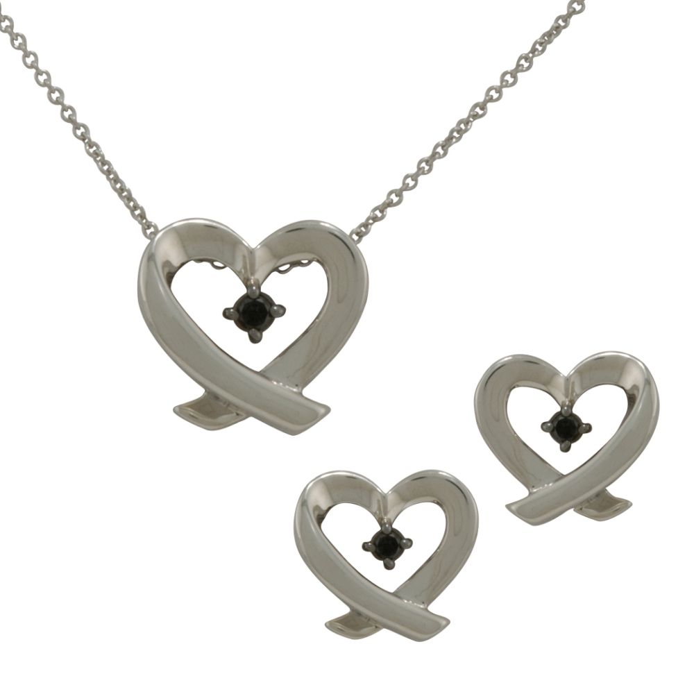 1/10 cttw Black Diamond Heart Earring and Pendant Set in Sterling Sil