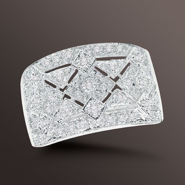 10k White Gold Milgrain and Round Diamond Accent Anniversary Ring