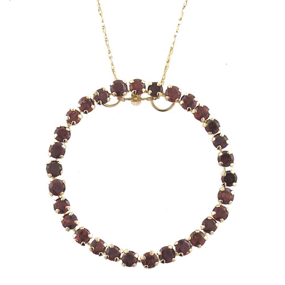 Garnet Open Circle Pendant. 10k Yellow Gold