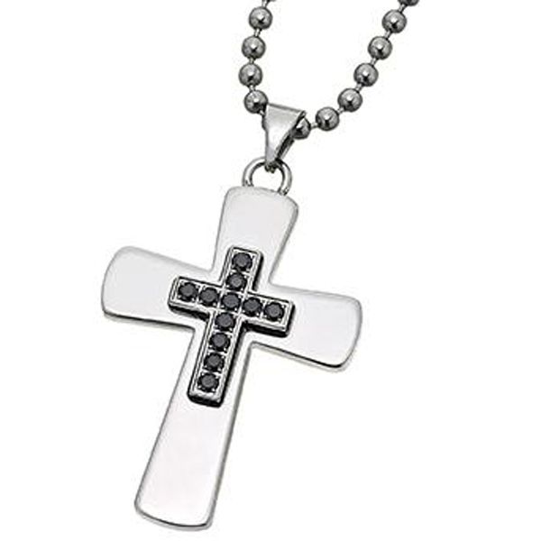 Men's Stainless Steel Cross Necklace With Black Cz Accents