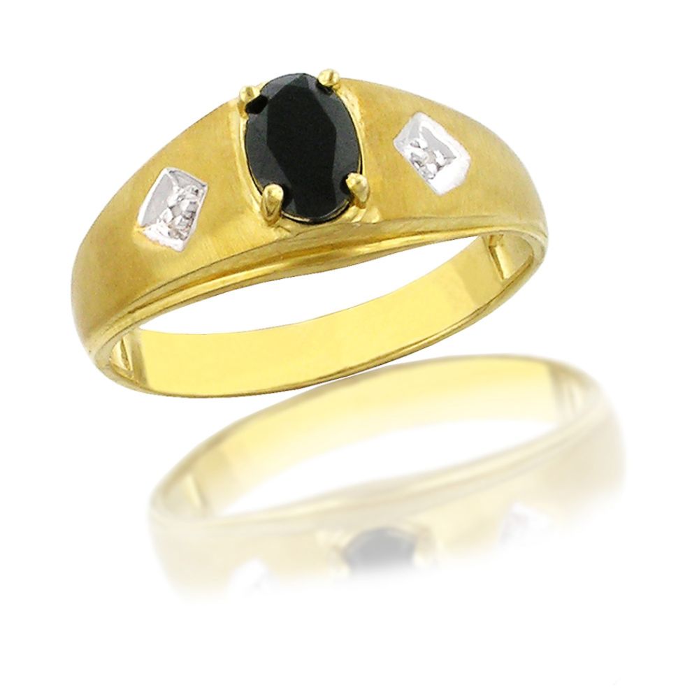 Black Onyx and Diamond Oval Men's Ring. 10K Yellow Gold
