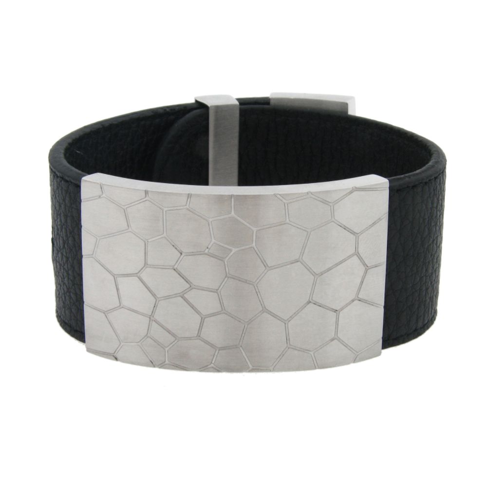 Women's Black Leather Bracelet with Textured Stainless Steel Element