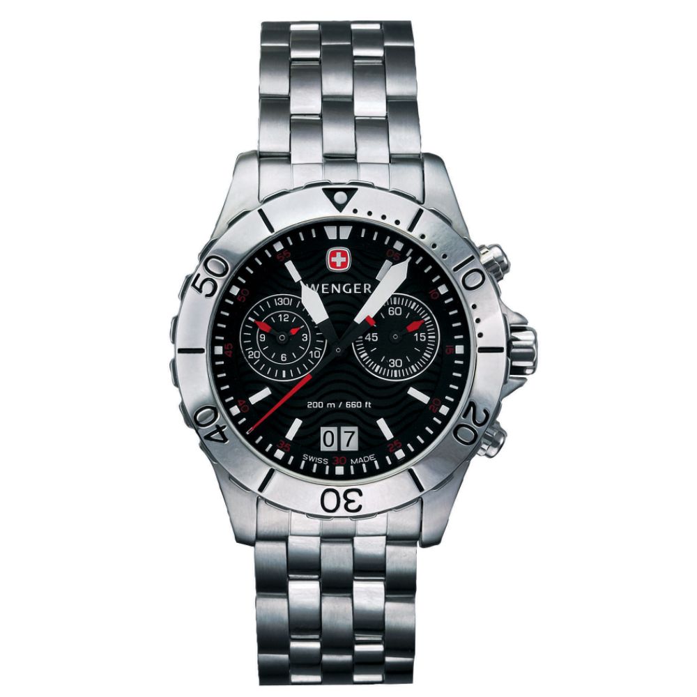 Wenger Men's Dress Watch With Black Dial. Stainless Steel Link Band.
