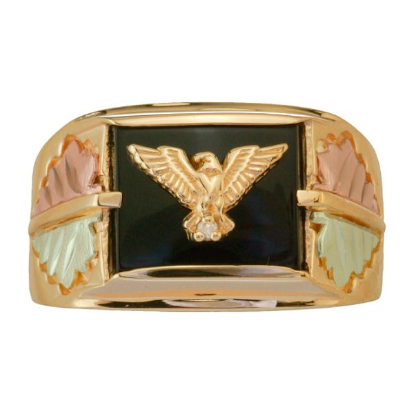 Black Hills Gold Tricolor 10k Men's Eagle On Onyx Ring With Diamond