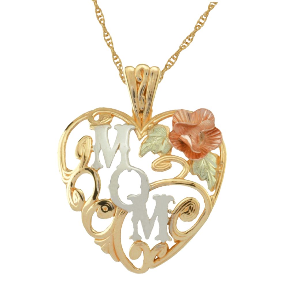 Black Hills Gold Tricolor 10K Gold MOM Heart Pendant with Dakota Rose