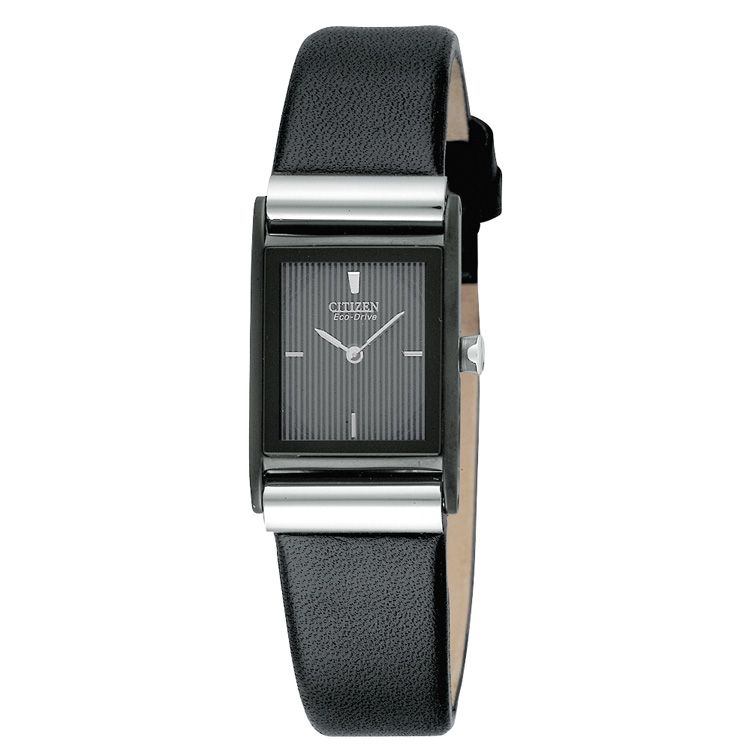 Ladies Eco-Drive Dress Watch with Black Dial and Leather Strap