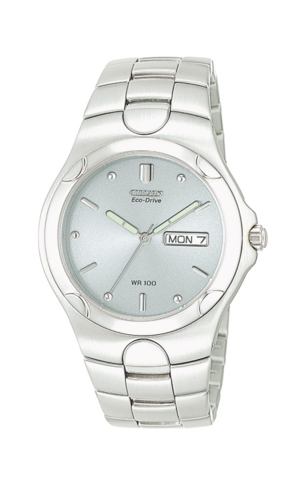 Citizen Mens Eco-Drive Calendar Day/Date Watch w/Round White Dial & ST Link Band