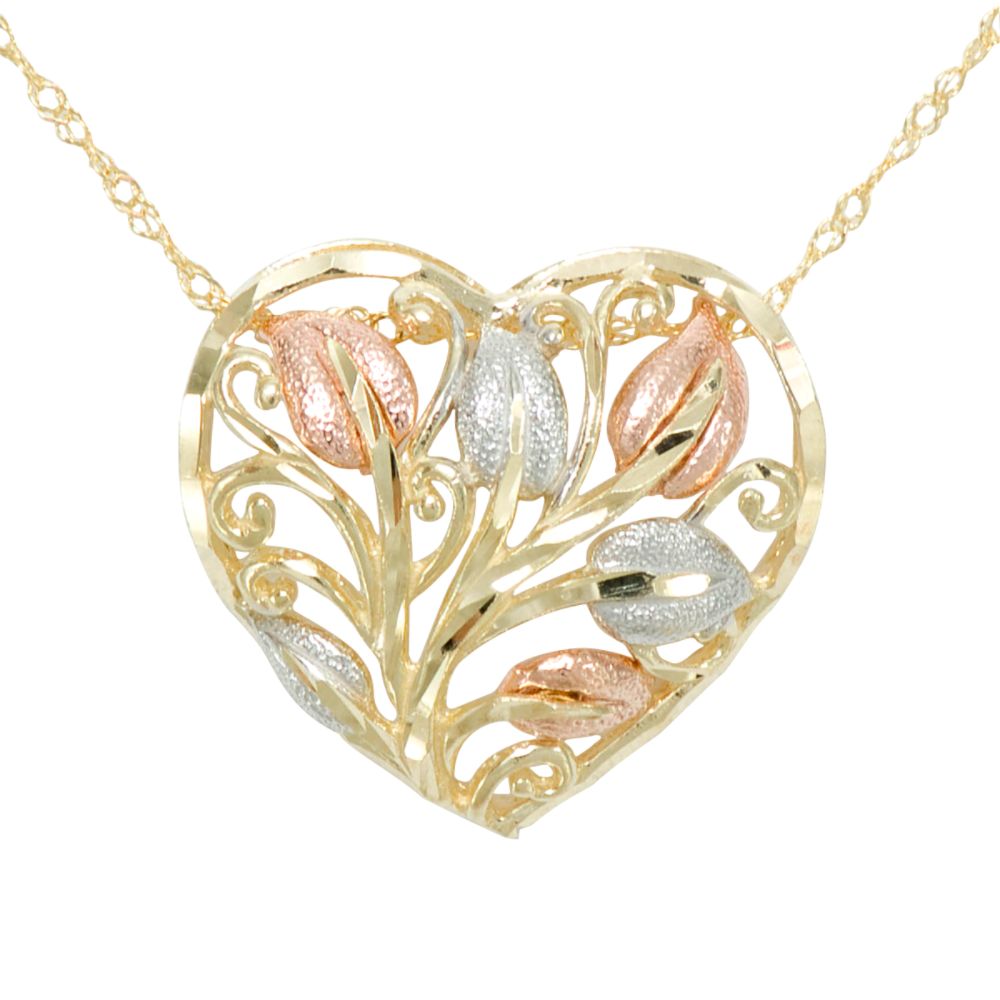 Tri Color Diamond Cut, Textured Heart Pendant. 10K Pink, White and Yellow Gold