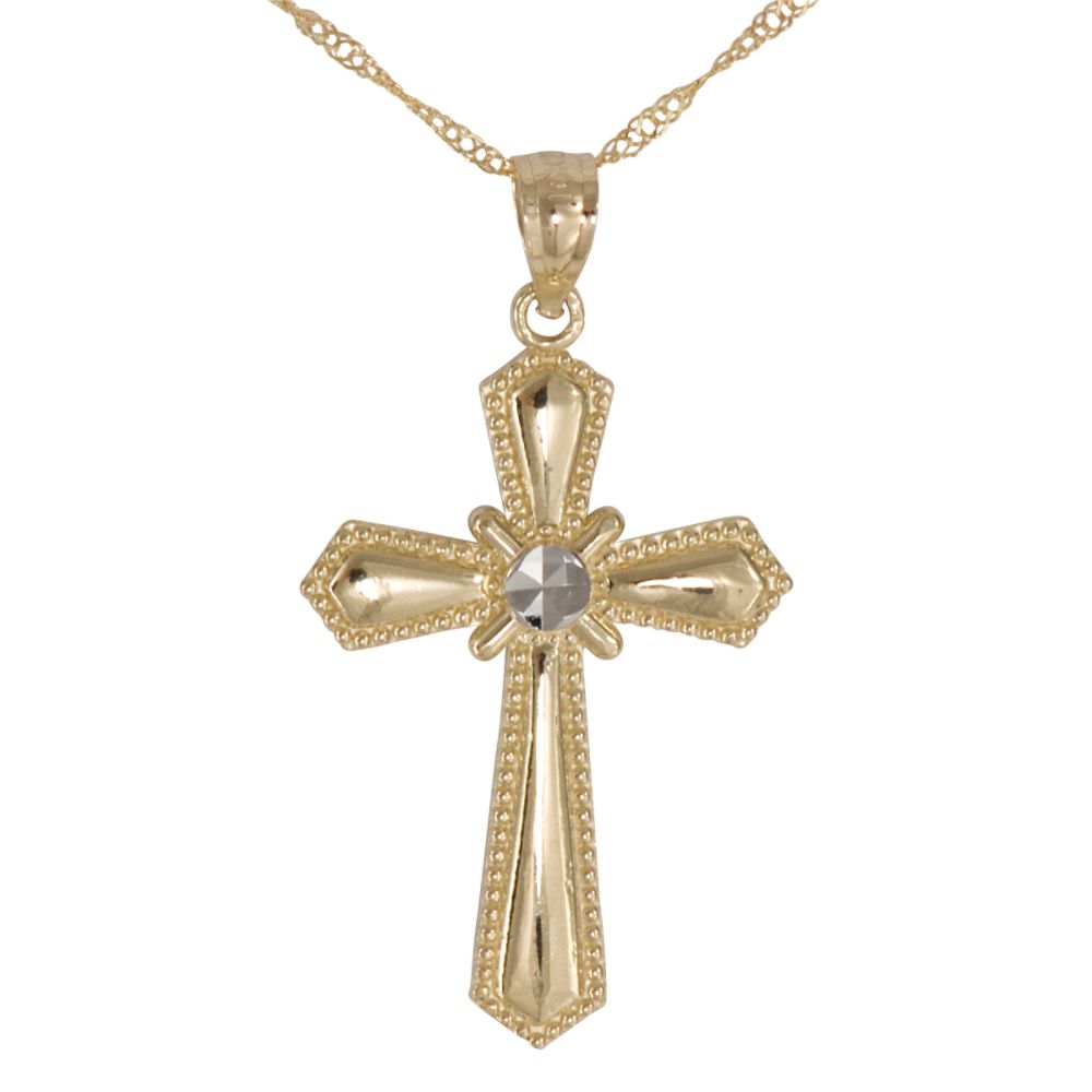 14k And Rhodium Diamond Cut Cross Heart