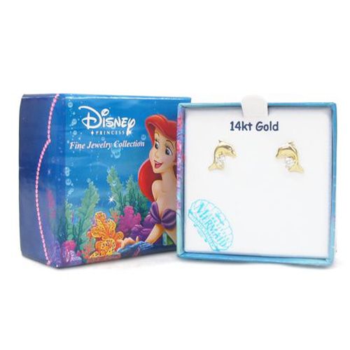 Childs Cubic Zirconia Dolphin Stud Earrings. 14K Yellow Gold