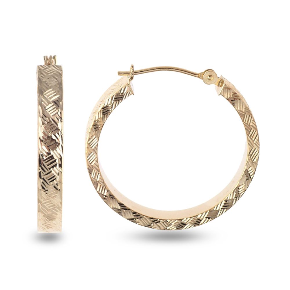 10K Yellow Gold Woven Diamond Cut Round Hoop Earrings