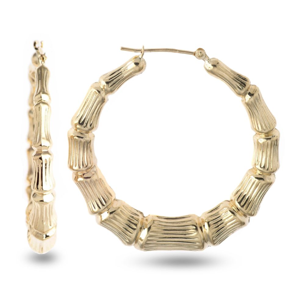 &nbsp; 10K Diamond Cut and Satin Bamboo Round Hoop Earrings