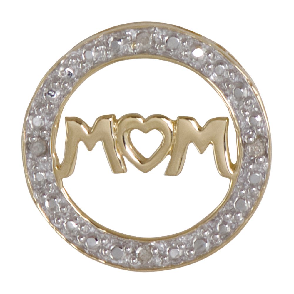 "MOM" in Circle with Diamonds Charm. 10K Yellow Gold