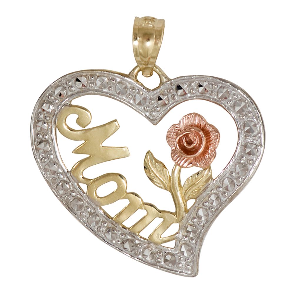"Mom" in Heart with Flower Charm. 10K Pink, White and Yellow Gold
