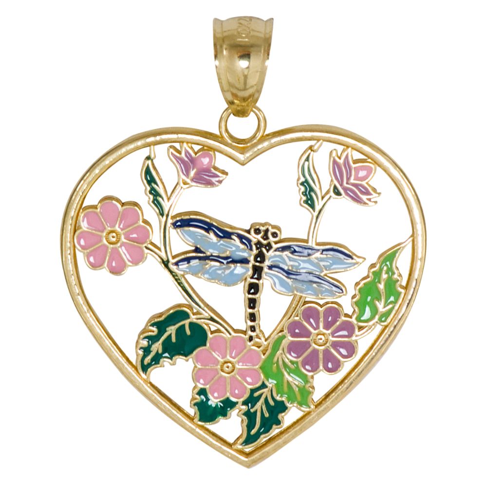 Enamel Garden Heart Charm. 10K Yellow Gold