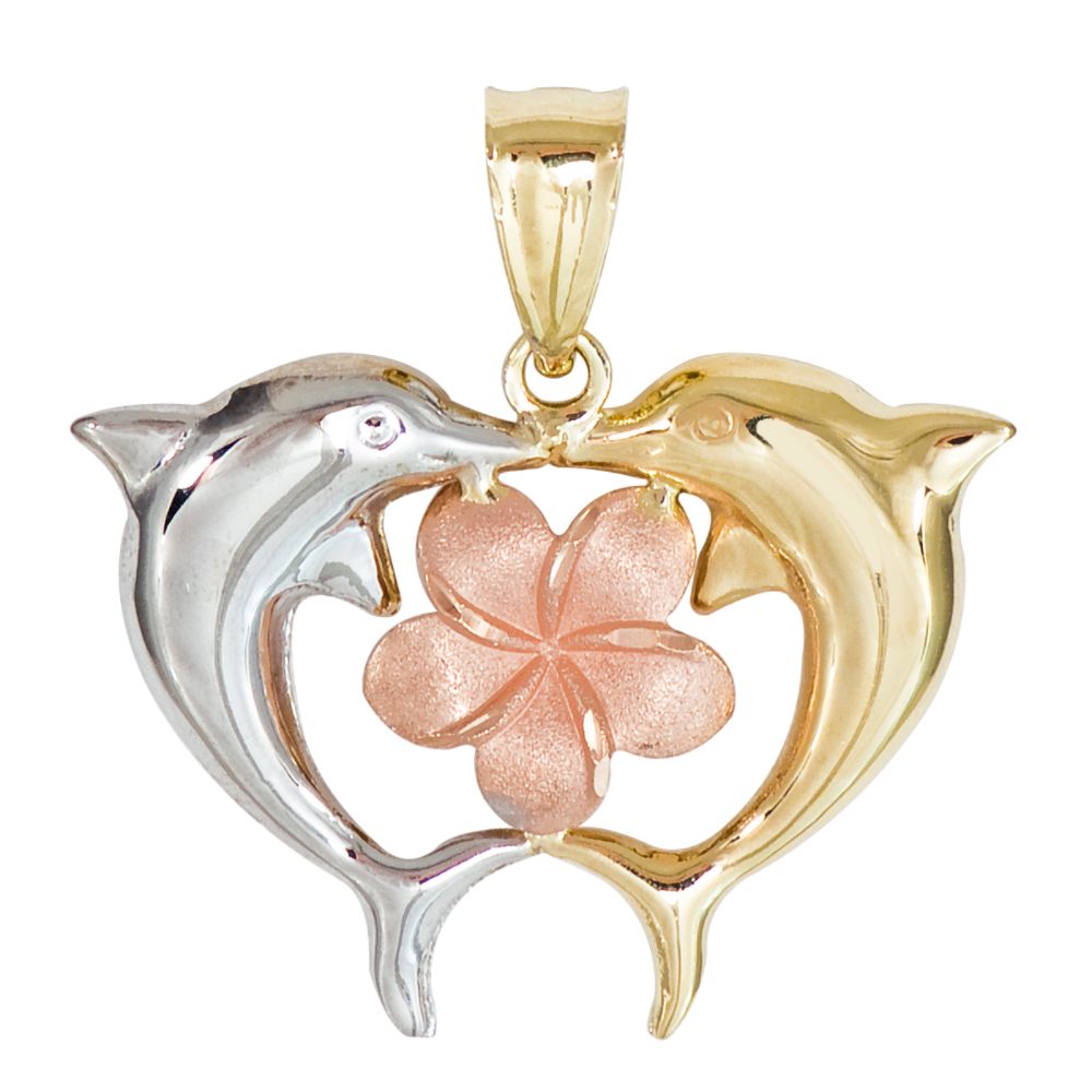 Flower and Heart Dolphins Charm. 10K Yellow Gold