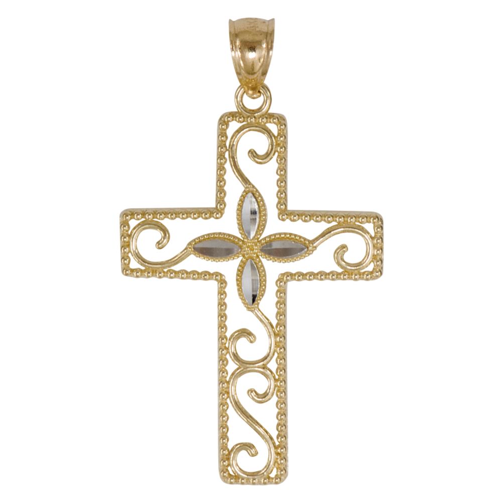 Filigree Cross. 14K White and Yellow Gold