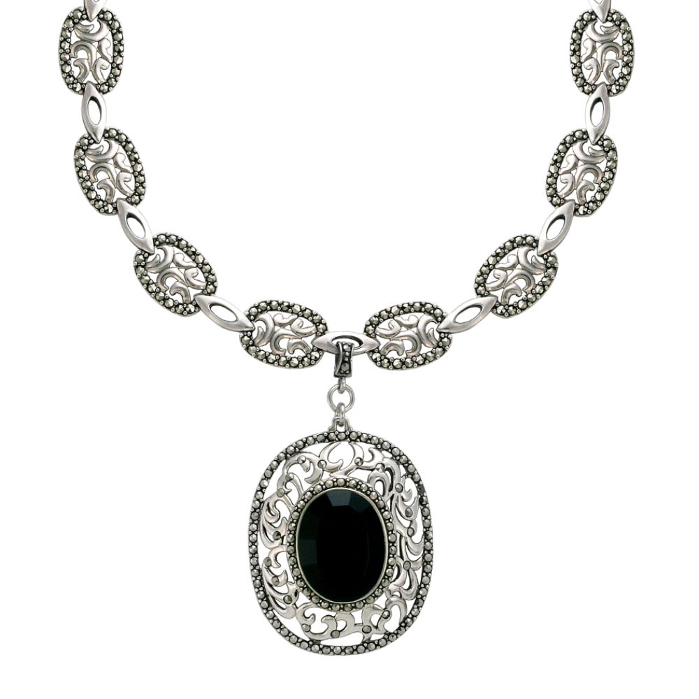 Victoria Crowne Onyx and Marcasite Dangle Pendant. Sterling Silver