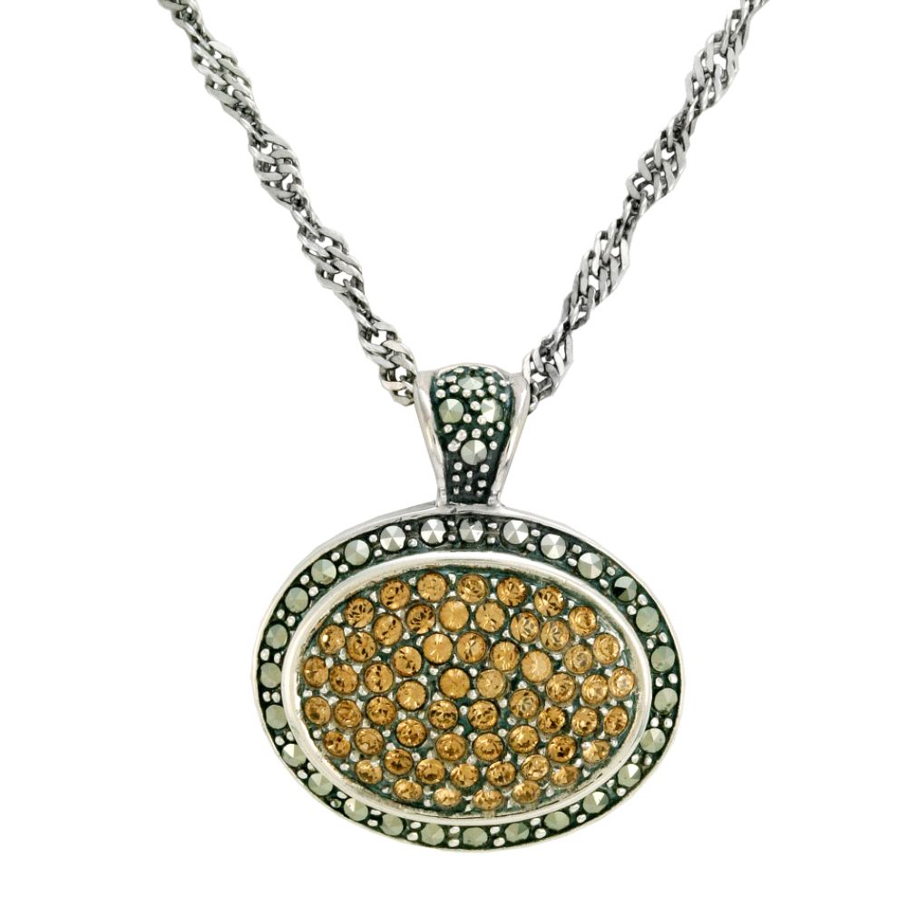 Victoria Crowne Champagne Crystal and Marcasite Oval Enhancer Pendant. Sterling Silver