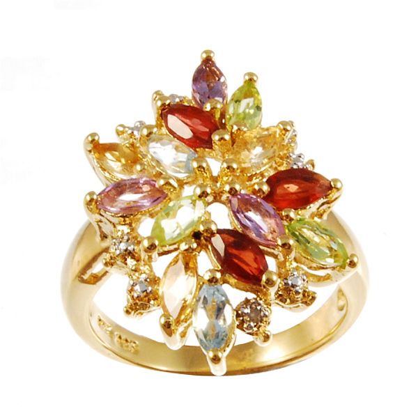 Multi Gemstone And Diamond Accent Cluster Ring In 18K Over Sterling