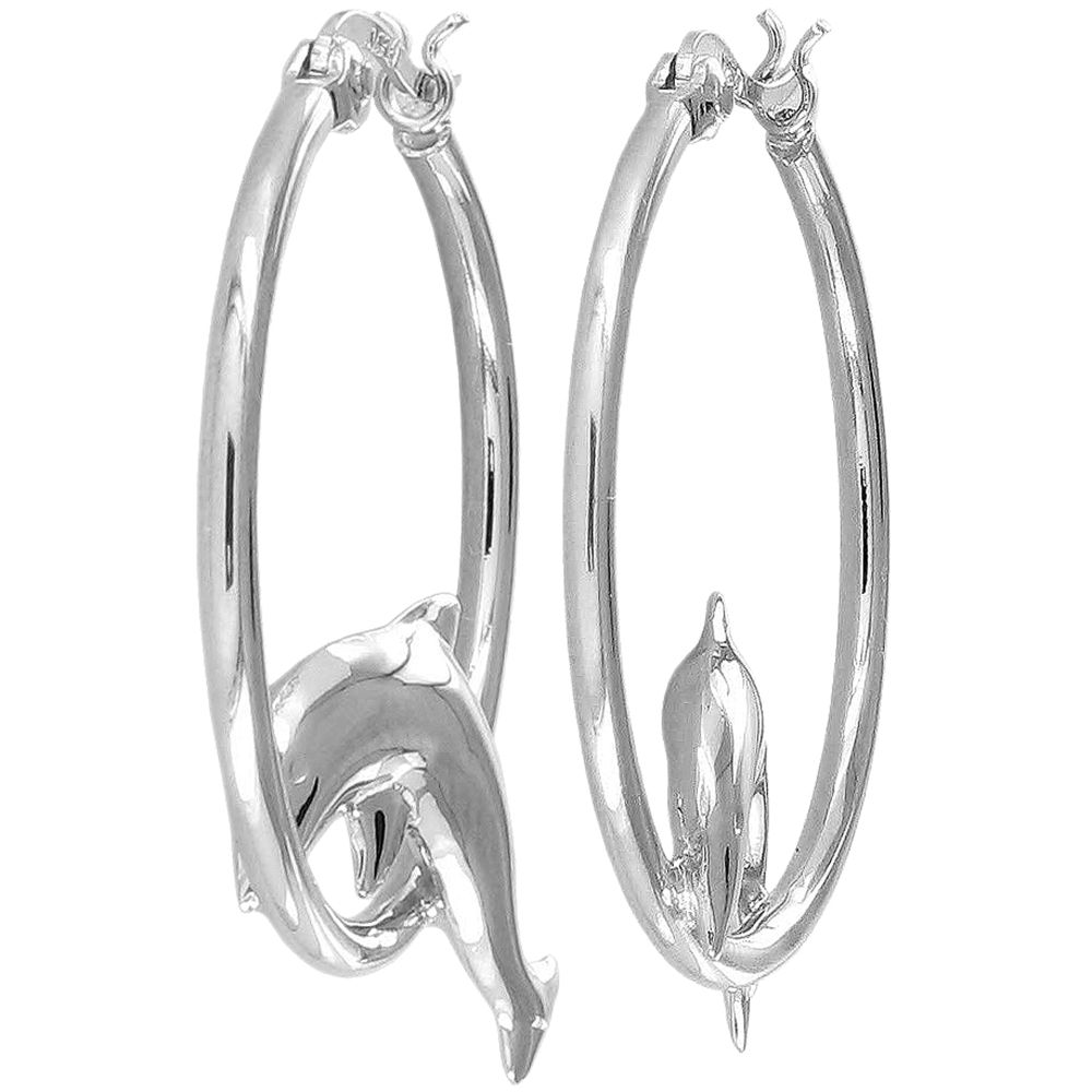 Sterling Silver Polished Dolphin Jumping Thru Hoop Earrings