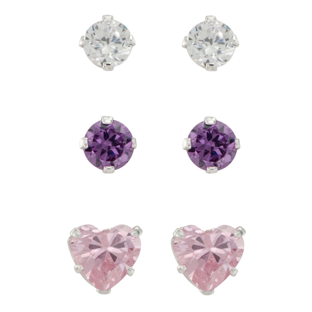 Girls 3-Pair Cubic Zirconia Round/Square/Heart Earring Set in Sterling Silver at Sears.com