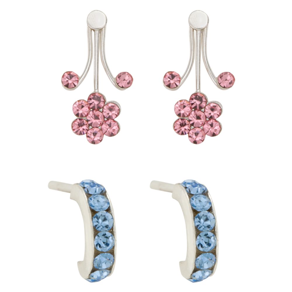 Girls 2-Pair Pink & Blue Sapphire Cubic Zirconia Flower & Hoop Earrings in SS