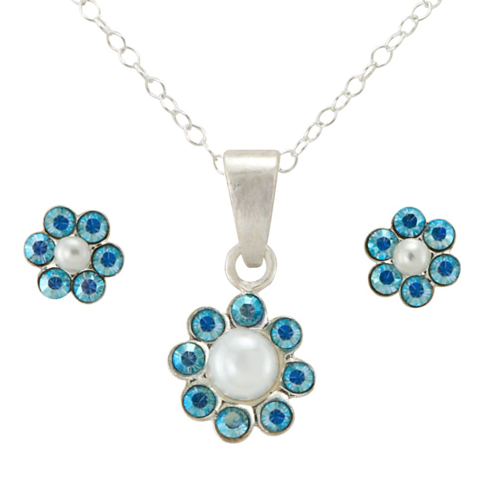 Girls Blue Cubic Zirconia and Pearl Necklace and Earring Set in Sterling Silver at Kmart.com
