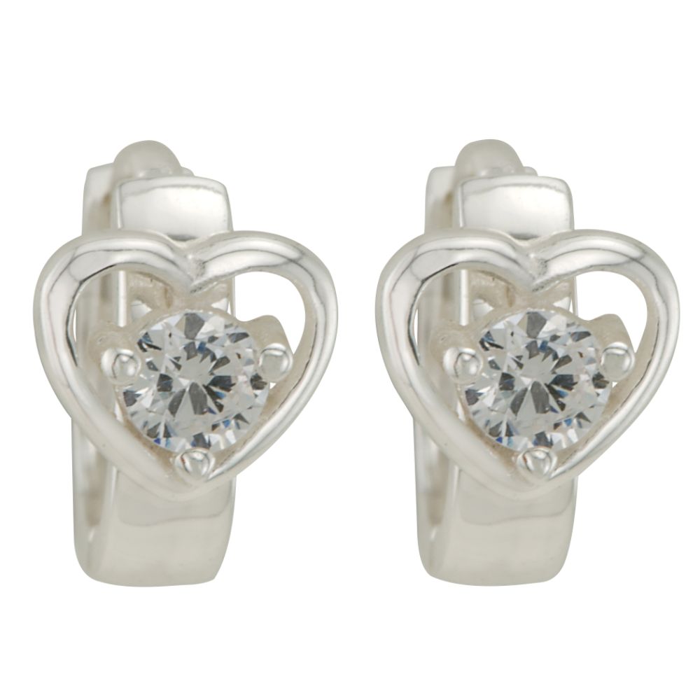 Girls White Cubic Zirconia Open Heart Clip Earring in Sterling Silver