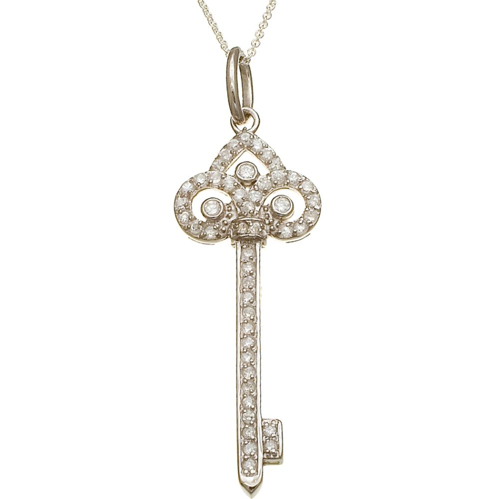 Sterling Silver Key Pendant with Cubic Zirconia on Cable chain.