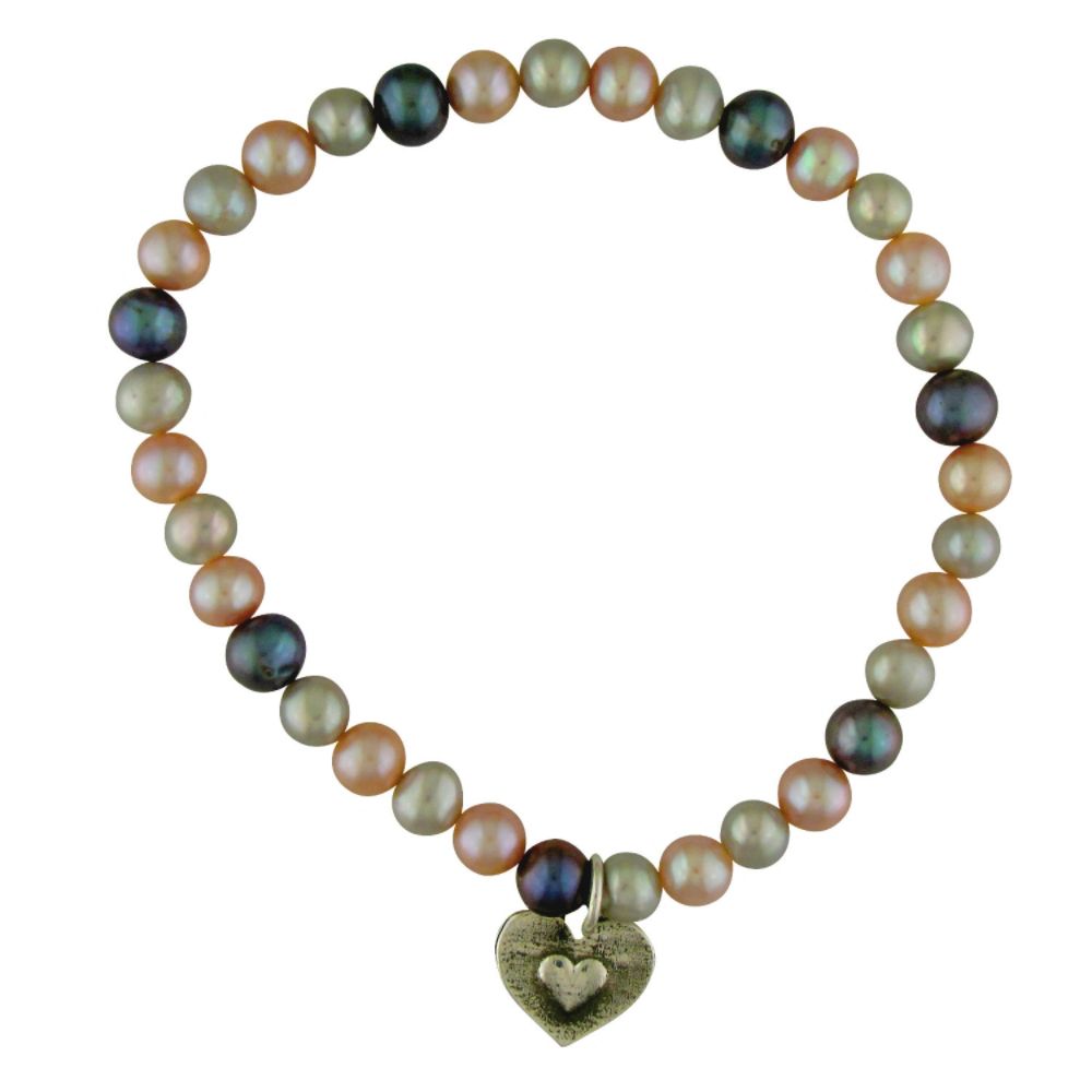 Multi-Color Pearl Stretch Bracelet and "Grandmother" Charm in Sterling Silver