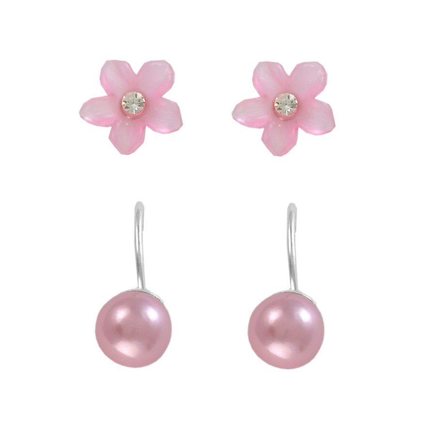 &nbsp; Pink Flower and Ball Earring Set in Sterling Silver