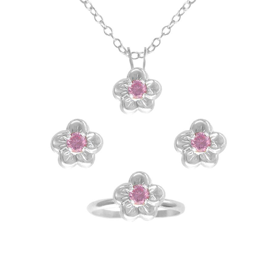 Flower Pendant, Earring and Ring Set in Sterling Silver