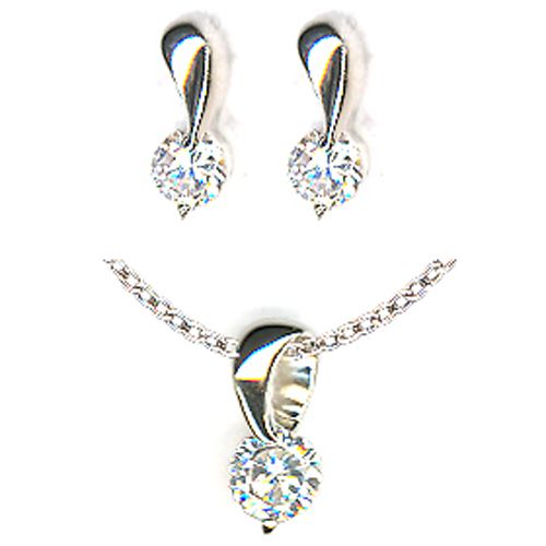 Cubic Zirconia Drop Pendant and Stud Earring Set in Sterling Silver
