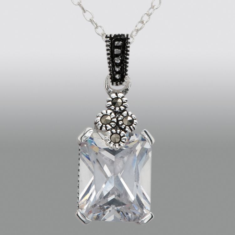 Sterling Silver Marcasite and Clear Cubic Zirconia Pendant