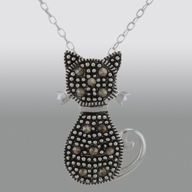 &nbsp; Sterling Silver Marcasite Cat Pendant