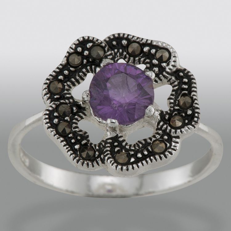 Sterling Silver Marcasite and Amethyst Cubic