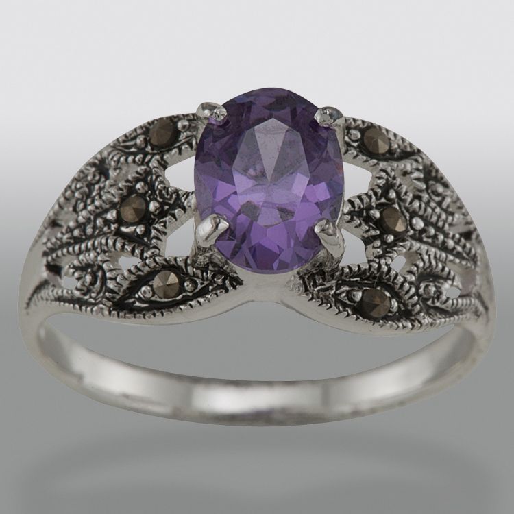 Sterling Silver Marcasite and Amethyst Cubic