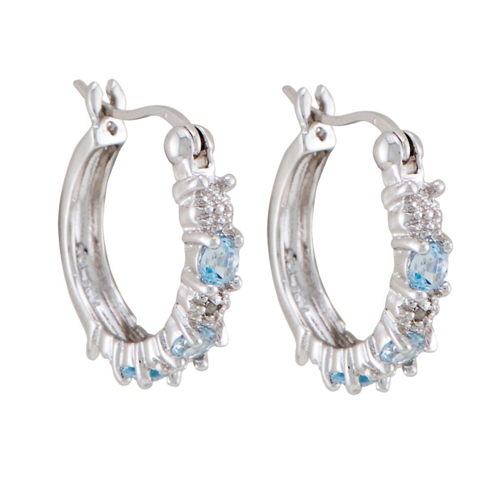 Blue Topaz and Diamond Hoop Earrings. Platinum/Sterling Silver