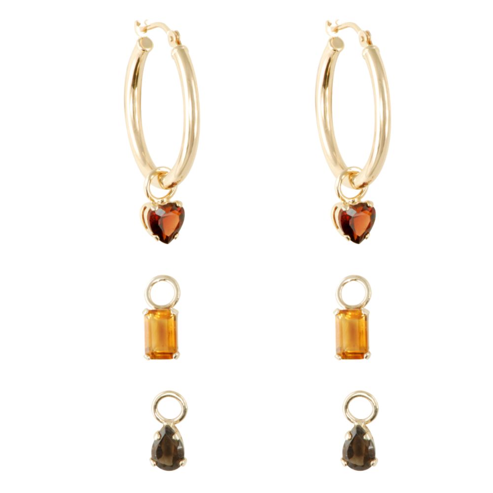 CLEARANCE! Garnet, Citrine & Smokey Quartz Interchanging Hoop Earrings. 10K YG